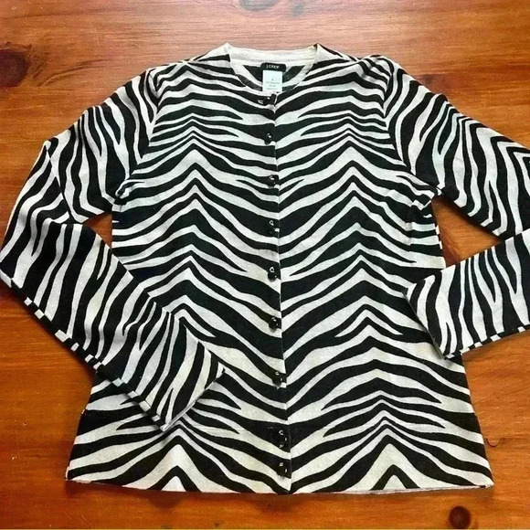 J.Crew Small Zebra Print Black White Cardigan Sweater Merino Wool - Picture 1 of 5